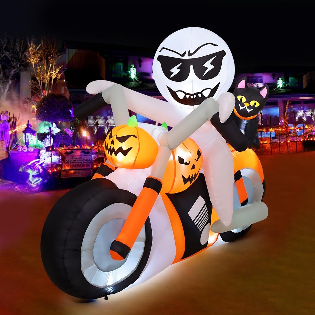 6 FT Halloween Inflatable Pumpkin Cat Motorcycle